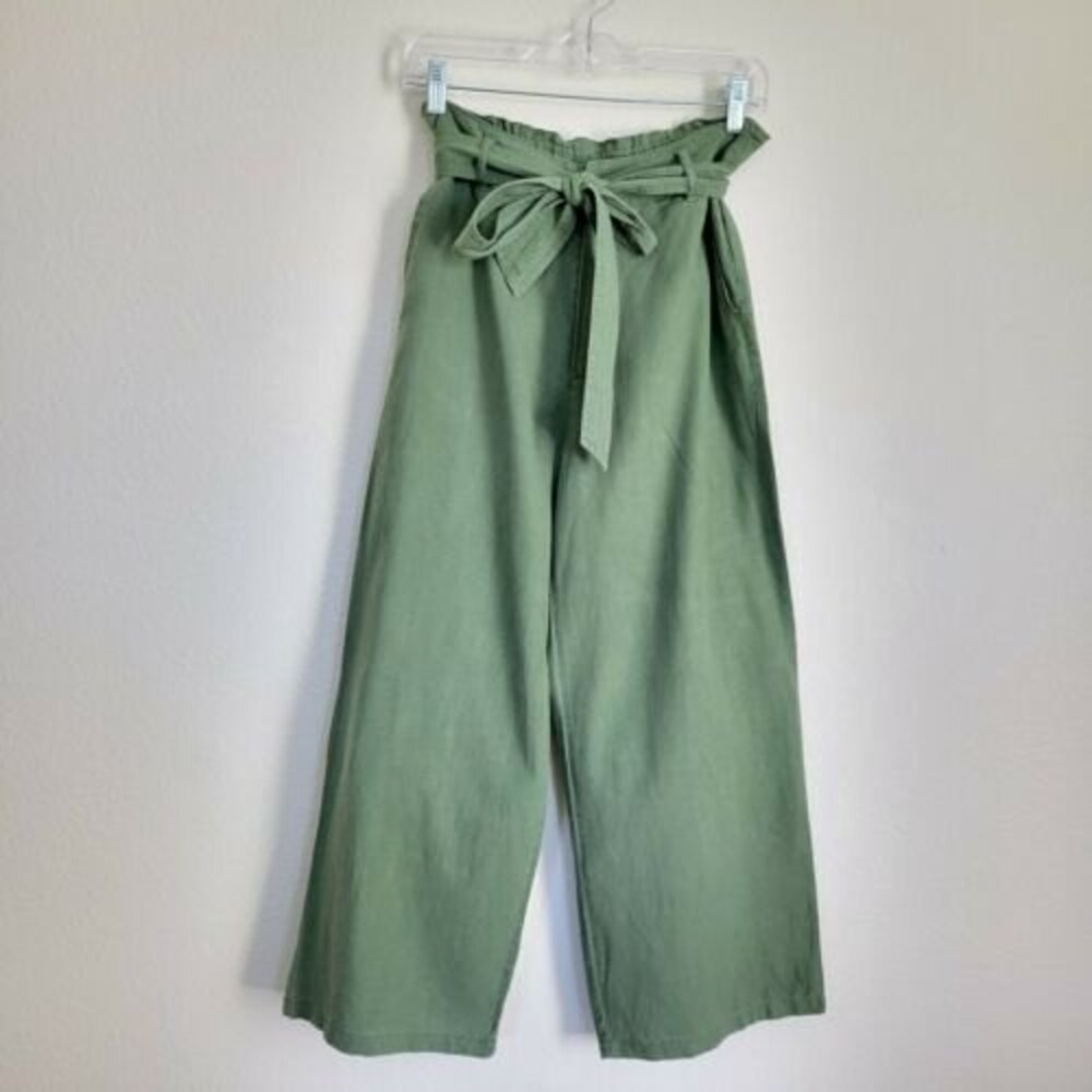 LOVE TREE Wide Leg Green Linen Pants Size Small high-rise belted Straight Pants